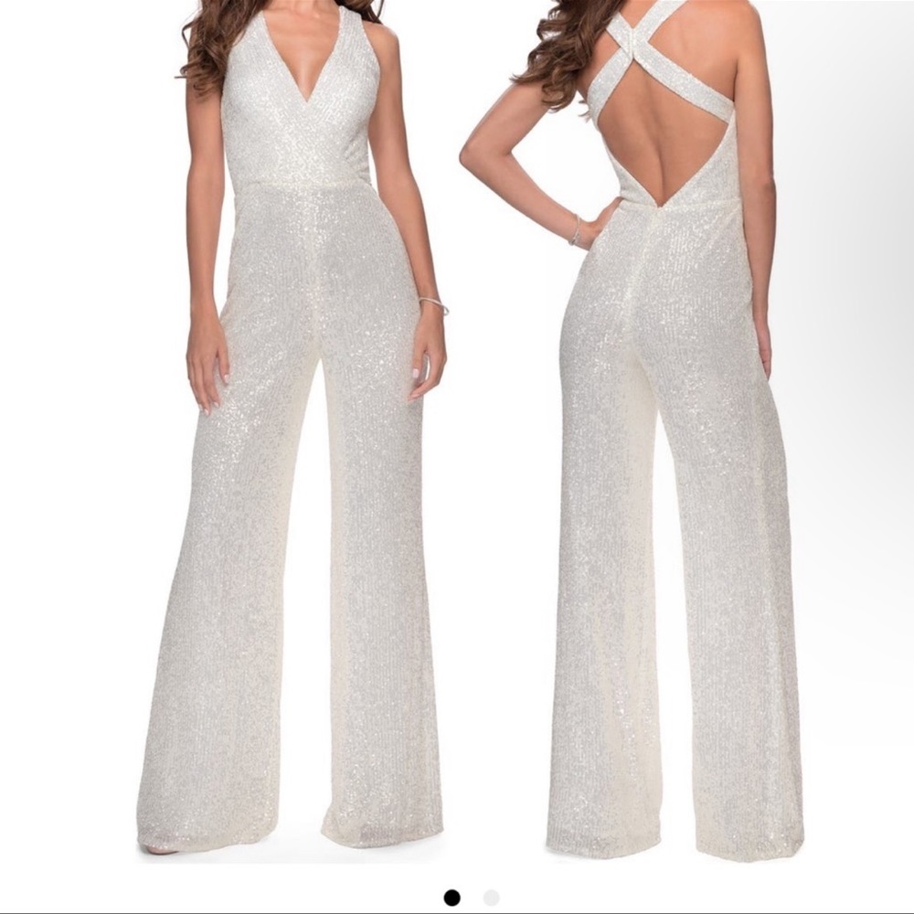 La Femme Surplice Sequin Jumpsuit in White